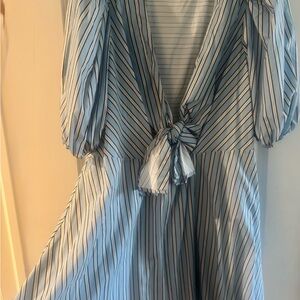 Fashion Nova Blue and White Ruffled Tie Front Dress